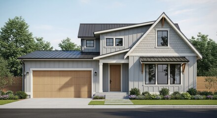 A modern farmhouse stands elegantly with its gray siding, dark metal roof, and inviting wood garage door, surrounded by lush greenery and a well-manicured lawn.