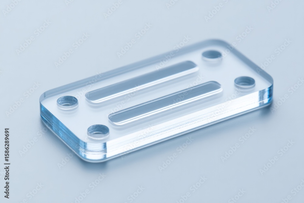 Poster close-up of microfluidic chip etched with cell channels in lab