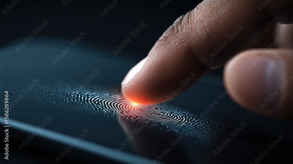 Poster close up of finger unlocking a device with biometric fingerprint scan for digital security and data 