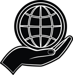 Hand holding a global network sphere icon, symbolizing international internet business and travel, internet icon, travel world, world icon