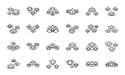 Hand-Drawn Flower Icon Bundle Featuring Lotus, Rose, Lily, Sunflower, Hibiscus, and Other Blooming Floral Designs in Minimal Line Style — Perfect for Web, Botanical Logos, and Nature-Themed UIUX Proje