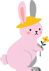 Pink rabbit holding yellow flower wearing hat vector illustration for spring and Easter celebration 