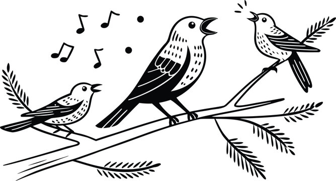 Three stylized black and white birds perched on a branch singing with musical notes and dots floating around them isolated on transparent background
