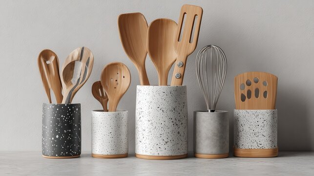 Stylish kitchen utensil holder with wooden cooking tools, modern design for home cooking and culinary use - Powered by Adobe