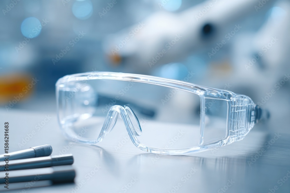 Poster close-up of safety goggles lying on top of robotic arm component with hex wrenches placed beside