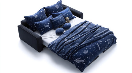 Dark blue sofa bed with space themed bedding and pillows and a small teddy bear on a white background