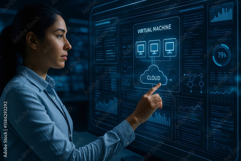 Poster female engineer engages with a digital interface, focusing on virtual machines and cloud technology 