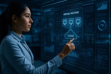 Female engineer engages with a digital interface, focusing on virtual machines and cloud technology in a futuristic setting