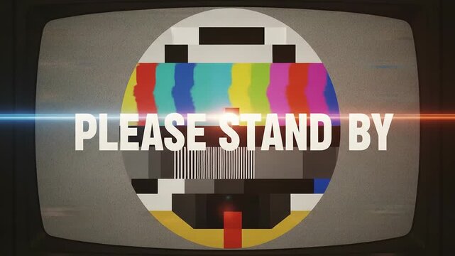 Retro television test pattern with please stand by text, vintage TV screen with color bars and signal glitch, analog broadcast error background 4K Video