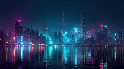 Vibrant cyberpunk city skyline at night with neon lights reflecting on water, cityscape, neon, night