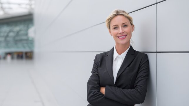 Happy blond businesswoman leaning on wall at airport