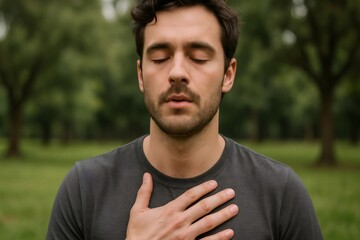 Caucasian man practicing mindfulness and grounding breathing technique in nature, promoting mental health and stress reduction