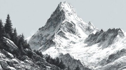   Drawing of a mountain in monochrome, surrounded by pines in the fg and a gray backdrop