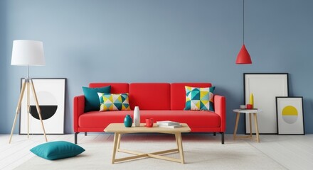 A vibrant red sofa anchors this modern living room, complemented by colorful pillows, a light wood coffee table, and minimalist artwork against a serene blue wall.