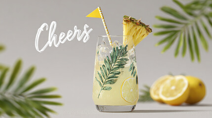 Lemonade glass with party straw, mini flag reading "Cheers!", tropical birthday vibe, transparent background