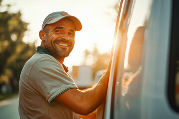 Portrait of a cheerful delivery driver in uniform looking out the window of the white cargo van vahicle, delivering goods by car in sunset