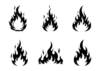 Collection of six stylized black fire flame icons on white background