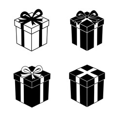 Collection of four stylized gift box icons with ribbons