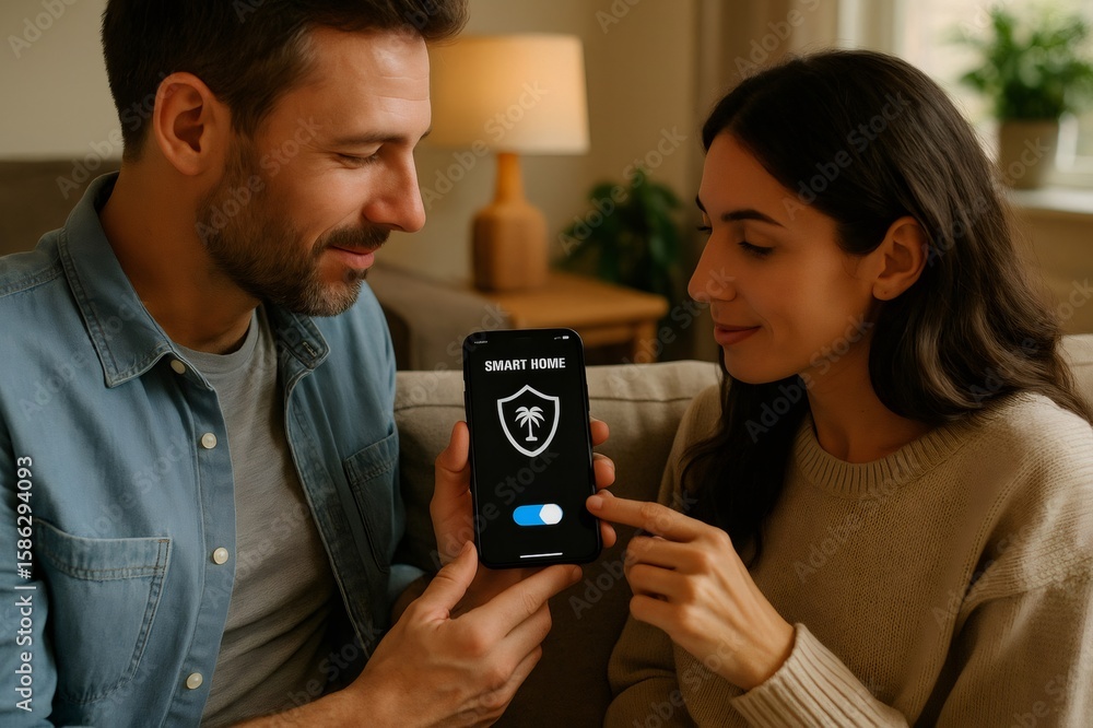 Poster couple using smartphone app to activate vacation mode on home automation system, ensuring security a