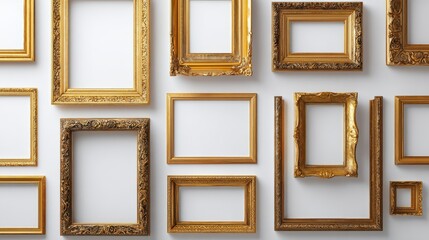 Antique gold frames on white backdrop Artistic gallery layout for banner