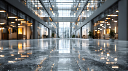 Obraz premium blurred for background. office building interior, empty hall in the modern office building. empty open space office. panoramic windows and beautiful lighting. Corporate Workspace, Business Interior