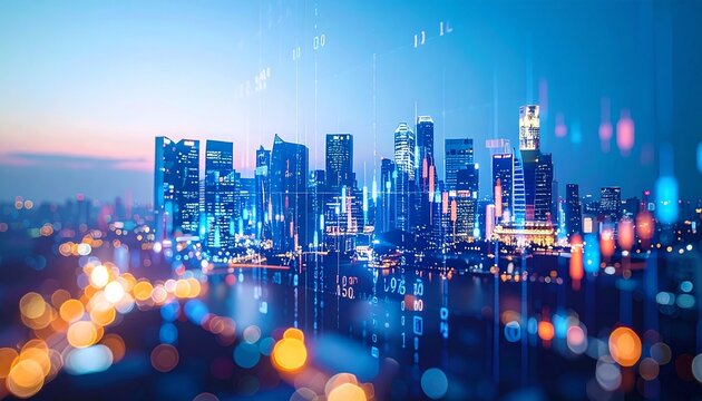 Blurred Cityscape at Dusk with Stock Ticker Overlay for Global Finance and Economic Ecosystem Visuals - Powered by Adobe