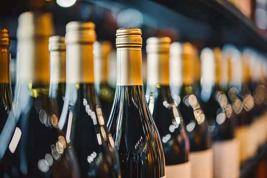 Wine bottles in a row, shallow depth of field. Liquor store, wine production concept, backlight - Powered by Adobe