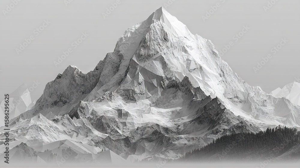 Poster a monochrome image of a snow-capped mountain peak in the background, surrounded by trees in the fore