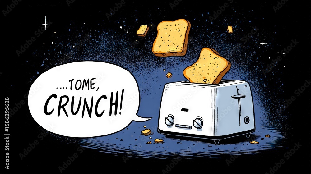 Poster an image shows a toaster with two slices of bread protruding from it and a dialogue balloon labeled 