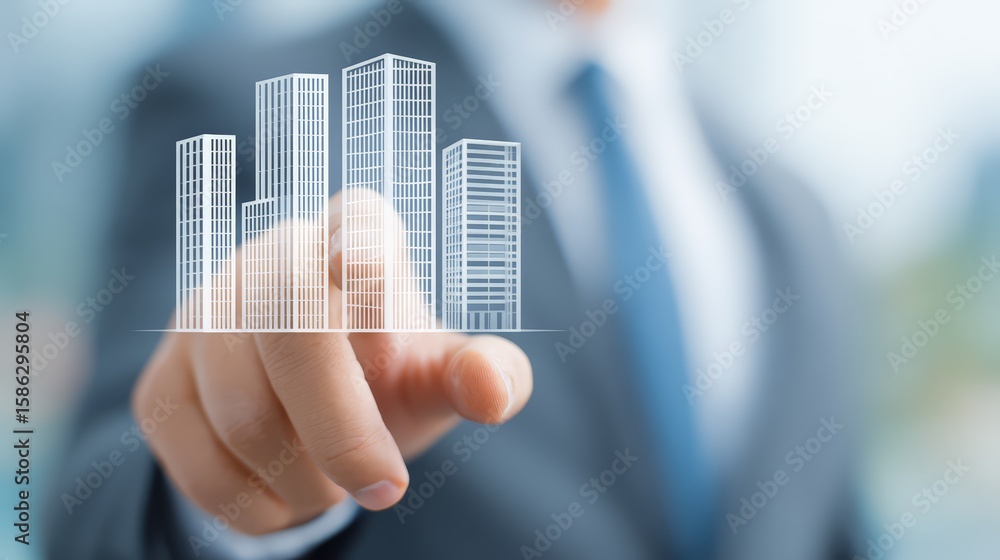 Poster a businessman interacting with virtual building graphics on a modern touchscreen interface.