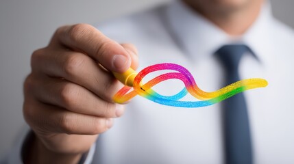 A businessman holds colorful rubber bands in a creative gesture, symbolizing flexibility.