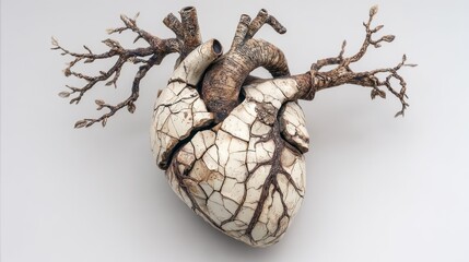 A fractured heart sculpture with vines growing through cracks, representing evolving mortality concepts.
