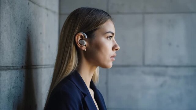 Young Woman Wearing Cochlear Implant Outdoors Facing Sideways in Bright Daylight Urban Setting
