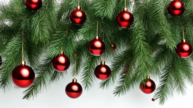 A vibrant display features red ornaments nestled among pine branches, enhancing the festive spirit just in time for celebrations