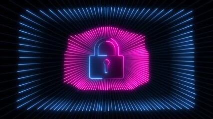 neon Cyber security data protection business technology privacy concept. glowing neon cyber security concept , blue and purple Neon sign lock technology icon animation. - Powered by Adobe