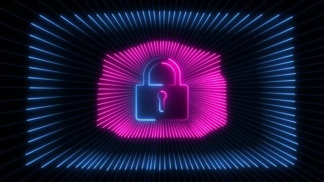 neon Cyber security data protection business technology privacy concept. glowing neon cyber security concept , blue and purple Neon sign lock technology icon animation.