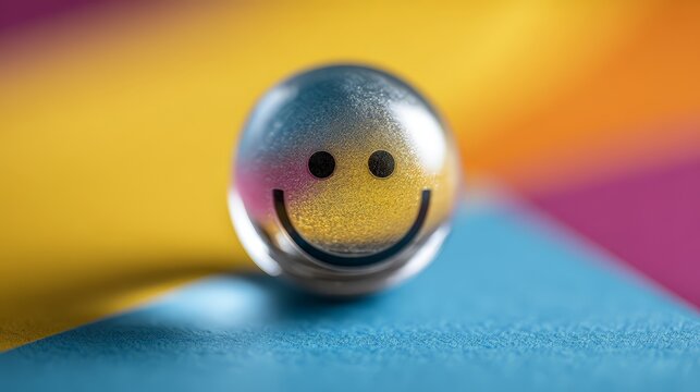 A close-up of a smiley face marble resting on a vibrant, colorful background.