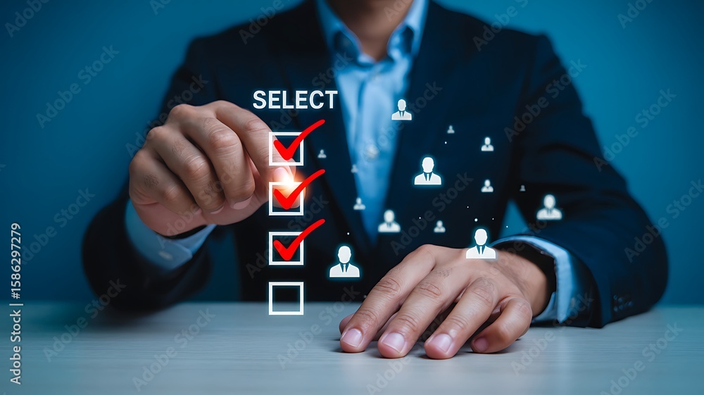 Poster businessman selecting candidates from a digital list with checkmarks selection