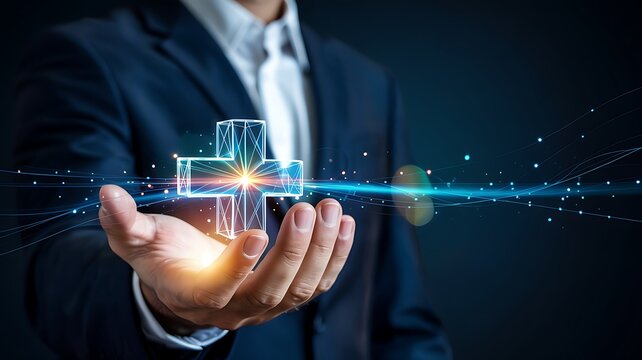 Businessman holding glowing digital medical cross with light streaks and particles hand - Powered by Adobe