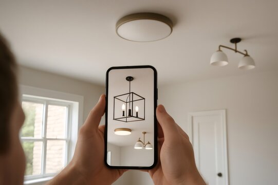 Person holding a smartphone to visualize virtual lighting fixtures in a modern room, showcasing augmented reality technology in home design