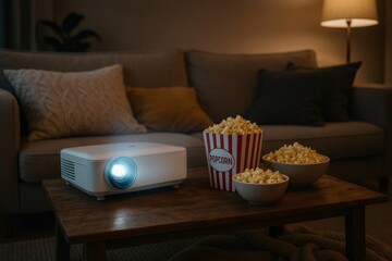 Video projector projecting a movie on a wall in a cozy living room, with bowls of popcorn on the table