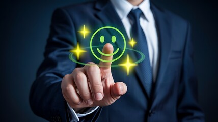 Businessman touching a glowing green smiley face with stars finger hand