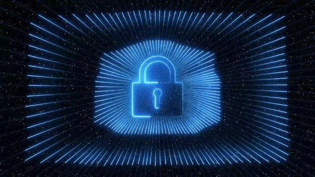 neon Cyber security data protection business technology privacy concept. glowing neon cyber security concept , blue Neon sign lock technology icon animation.