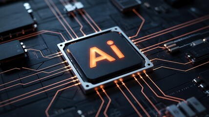 Central processing unit with glowing A I symbol on circuit board artificial intelligence