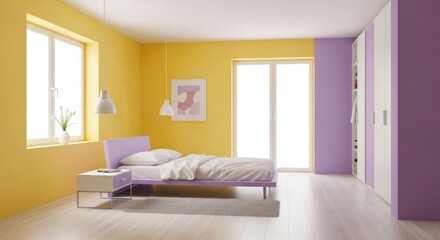 Cozy bedroom interior showcases a modern lavender bed, complemented by a bedside table, soft bedding, and a vibrant yellow wall, creating a peaceful and stylish retreat.