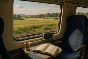 Enjoying a serene train ride with a book and coffee, overlooking lush green fields and rolling hills through a large window