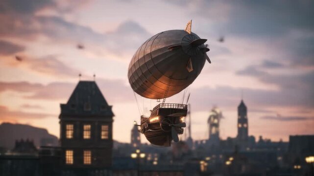 Steampunk Airship Soaring Over a Victorian City at Dusk: A Fantasy Flight