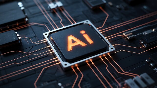 Central processing unit with glowing A I symbol on circuit board artificial intelligence