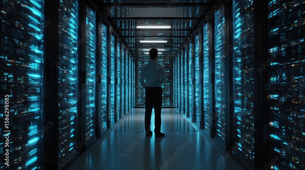 Poster man, tablet and server room, programming or coding for cybersecurity, information technology and dat