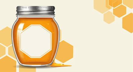 Honey Jar Vector Mockup with Hexagonal Label and Honeycomb Design